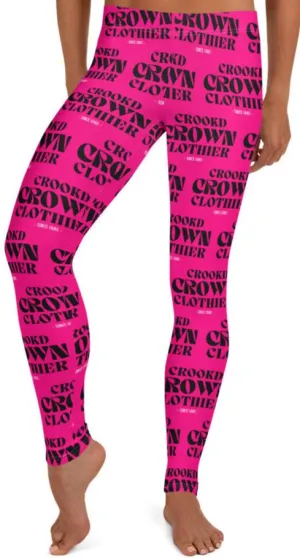 Crookd Crown Print Active Wear Leggings - Hot Pink and Black