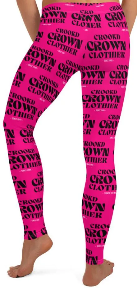 Crookd Crown Print Active Wear Leggings - Hot Pink and Black