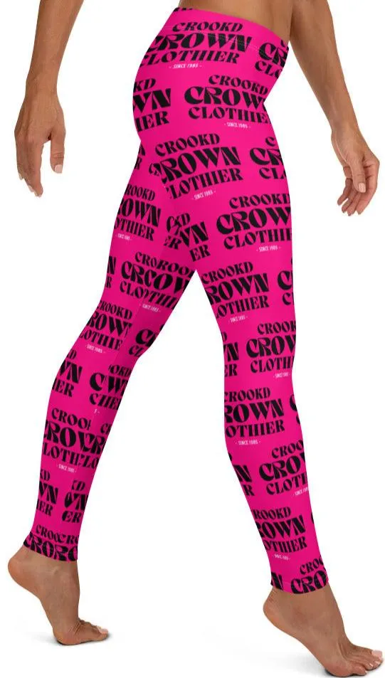 Crookd Crown Print Active Wear Leggings - Hot Pink and Black