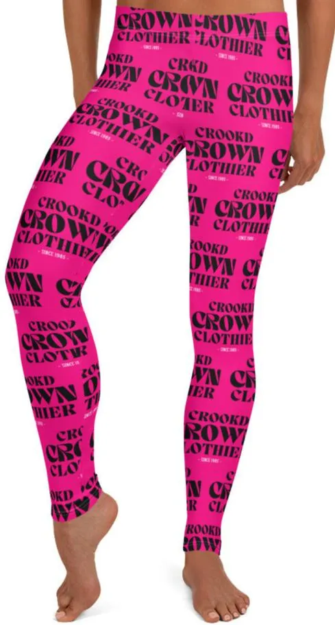 Crookd Crown Print Active Wear Leggings - Hot Pink and Black