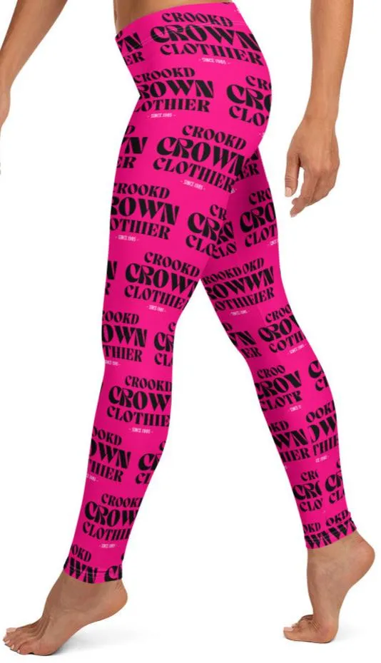 Crookd Crown Print Active Wear Leggings - Hot Pink and Black