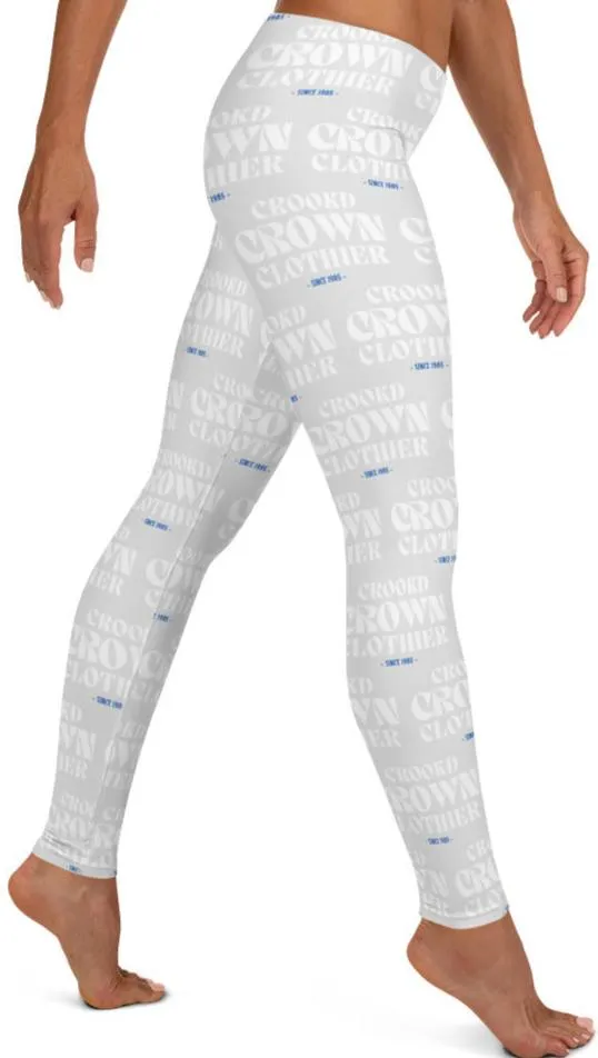 Crookd Crown Print Active Wear Leggings - Light Gray and White