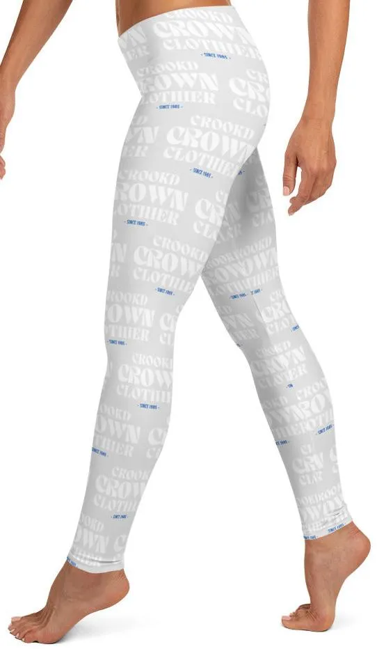 Crookd Crown Print Active Wear Leggings - Light Gray and White