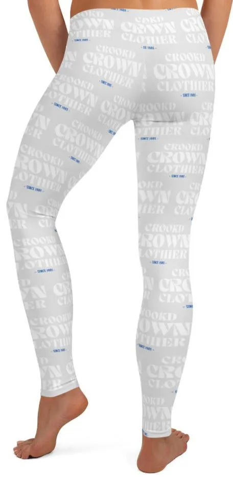 Crookd Crown Print Active Wear Leggings - Light Gray and White