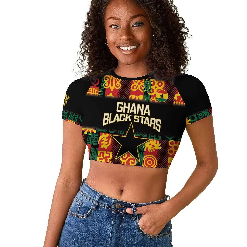 Custom Ghana Black Stars Raglan Cropped T shirt Adinkra Pattern - Football Style LT14