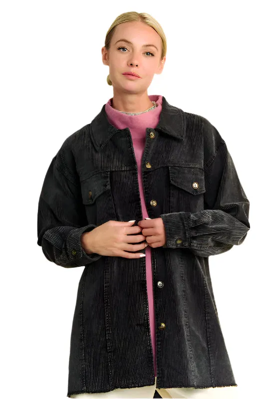 Davi & Dani Washed Corduroy Raw Hem Button Up Jacket