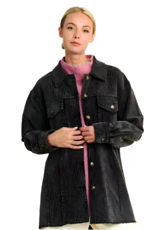 Davi & Dani Washed Corduroy Raw Hem Button Up Jacket
