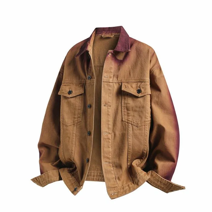 Durable Gradient Trucker Jacket Featuring a Stand-Up Collar