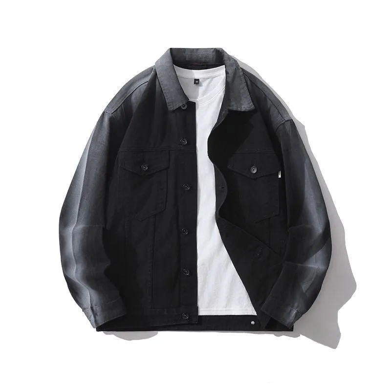 Durable Gradient Trucker Jacket Featuring a Stand-Up Collar