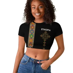 Ethiopia Saba Kemis Raglan Cropped T shirt Lion Of Judah Black Color LT15