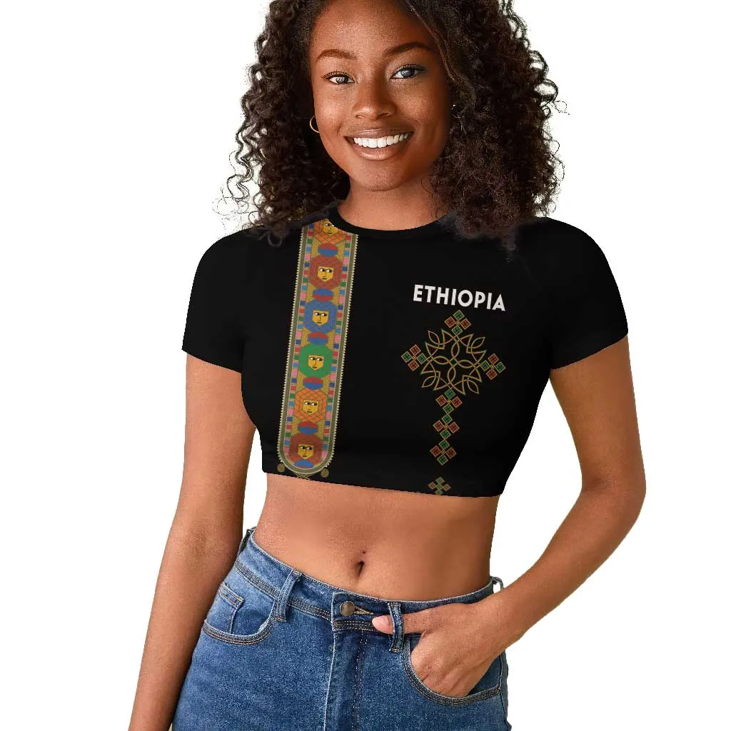 Ethiopia Saba Kemis Raglan Cropped T shirt Lion Of Judah Black Color LT15