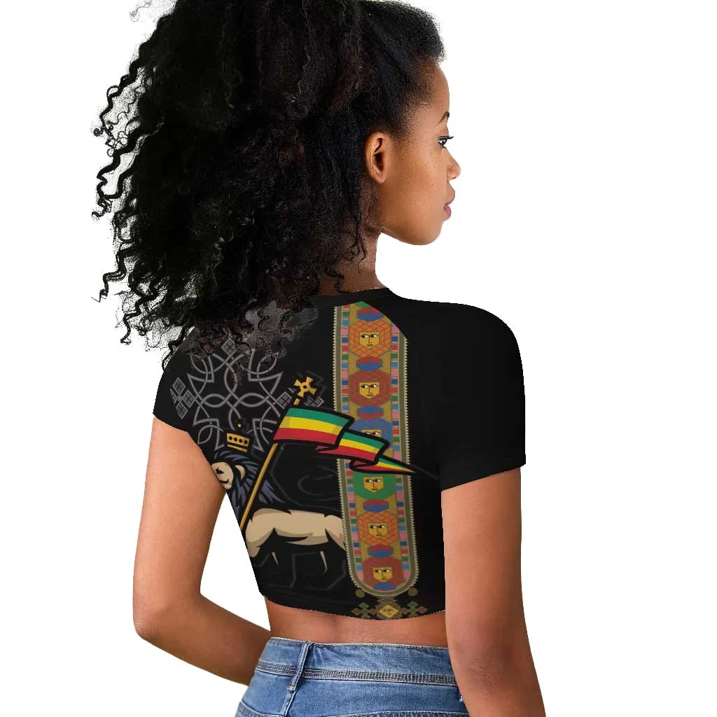 Ethiopia Saba Kemis Raglan Cropped T shirt Lion Of Judah Black Color LT15