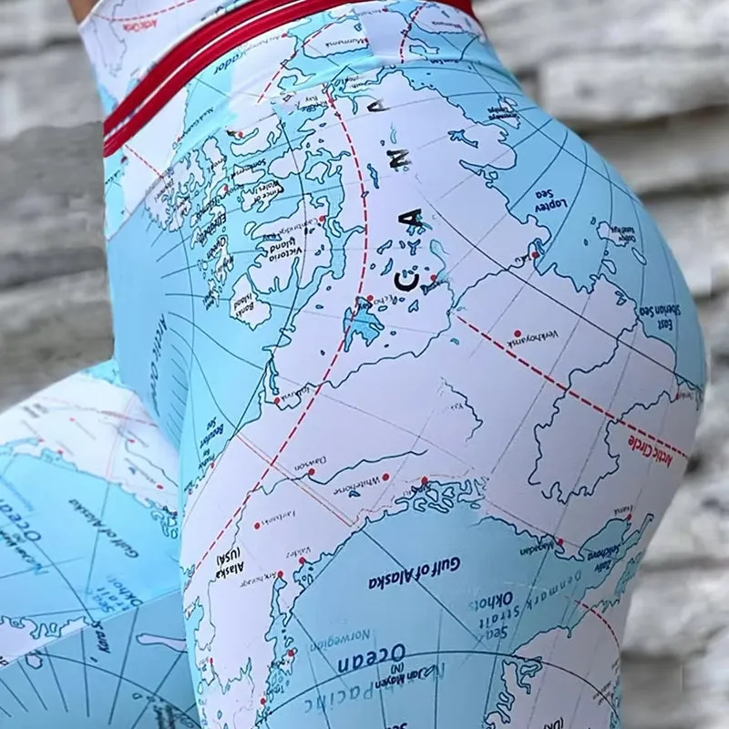 Fashion Print Map Skinny Hip Lift Yoga Pants