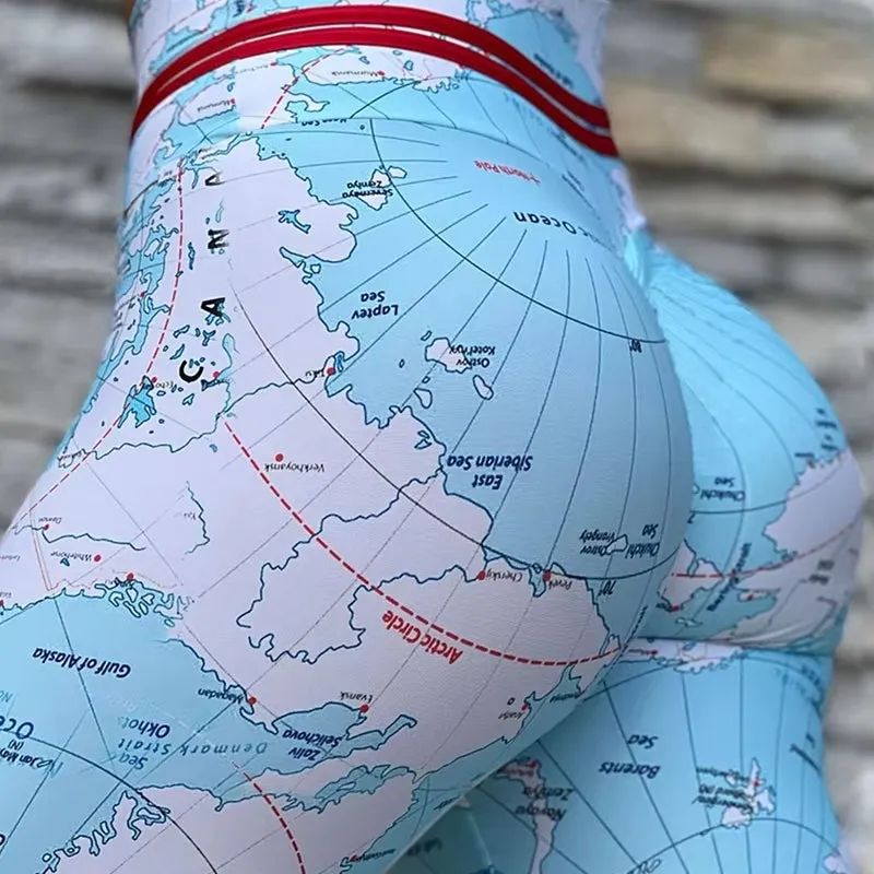 Fashion Print Map Skinny Hip Lift Yoga Pants