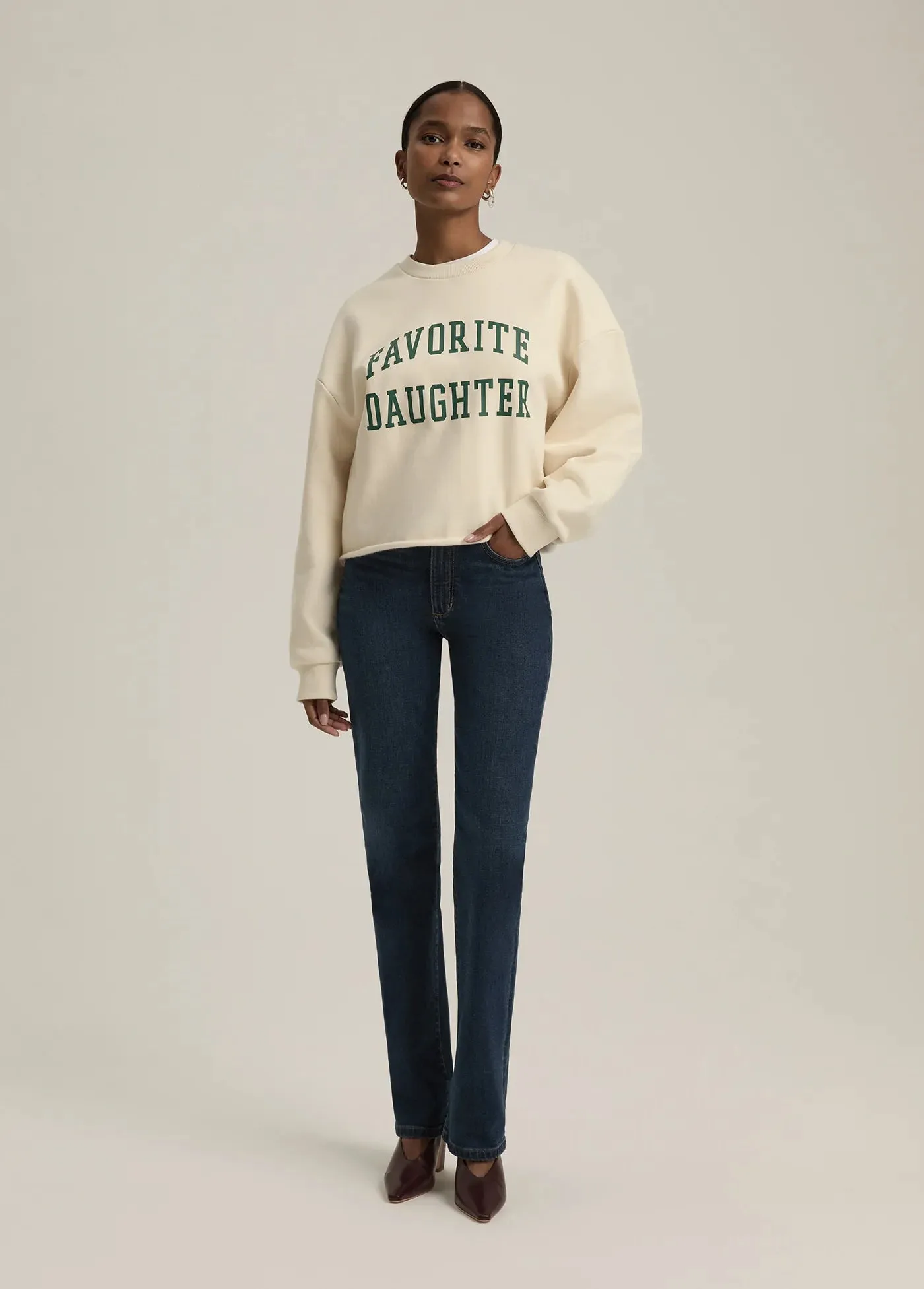 Favorite Daughter Cropped Collegiate Sweatshirt Gardenia w/Emerald