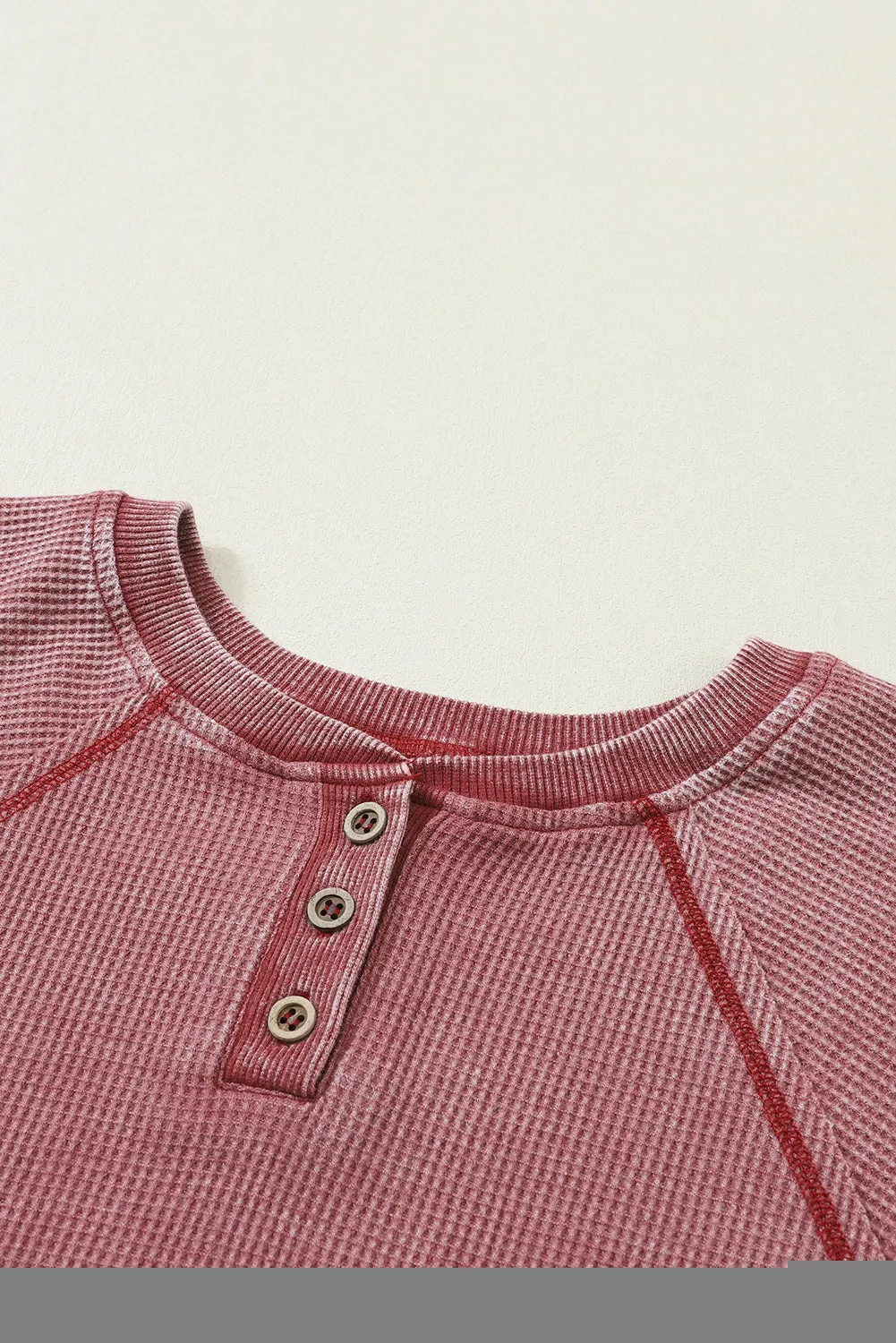 Fiery Red Waffle Knit Raglan Sleeve Henley Sweatshirt