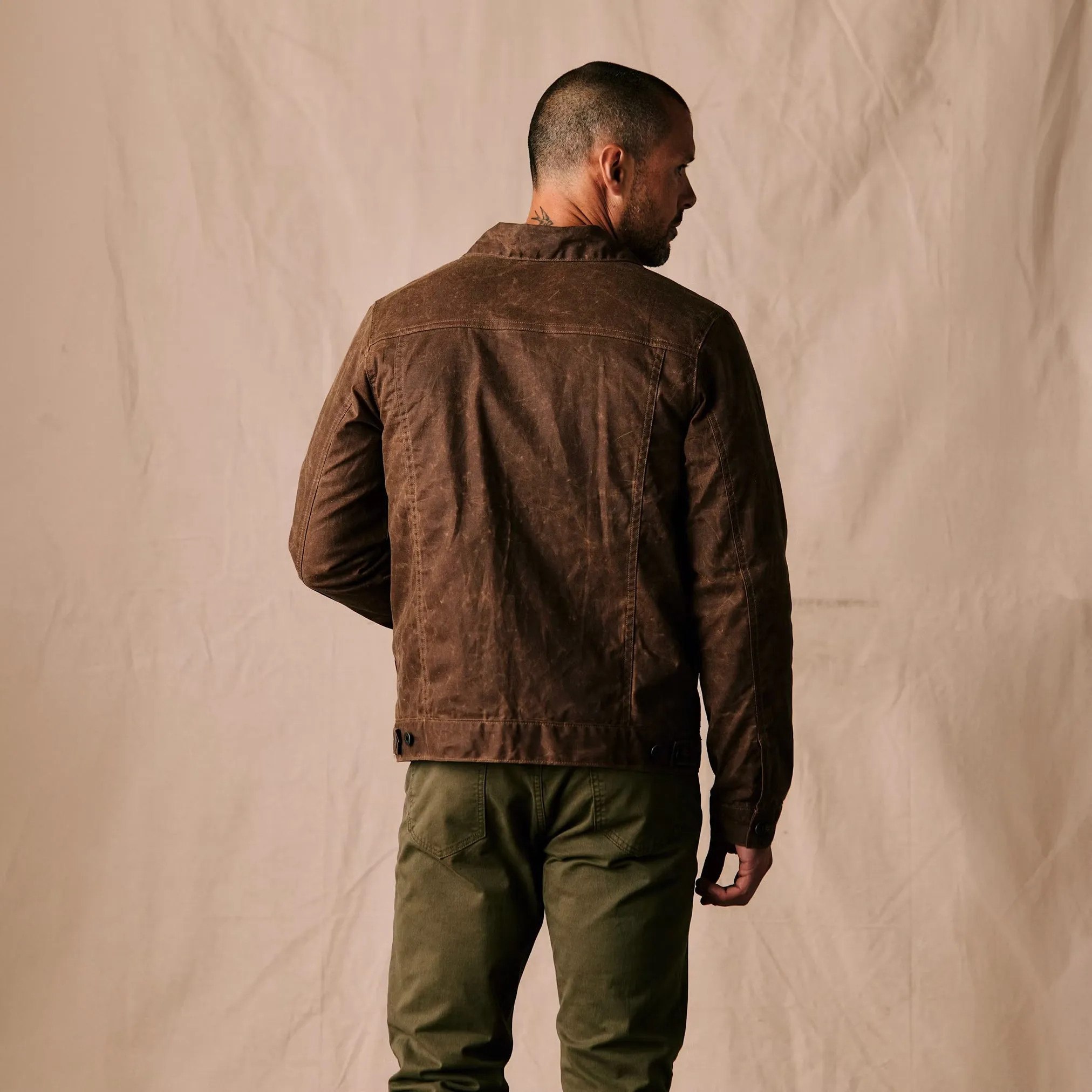 Flannel Lined Waxed Trucker Jacket in Havana
