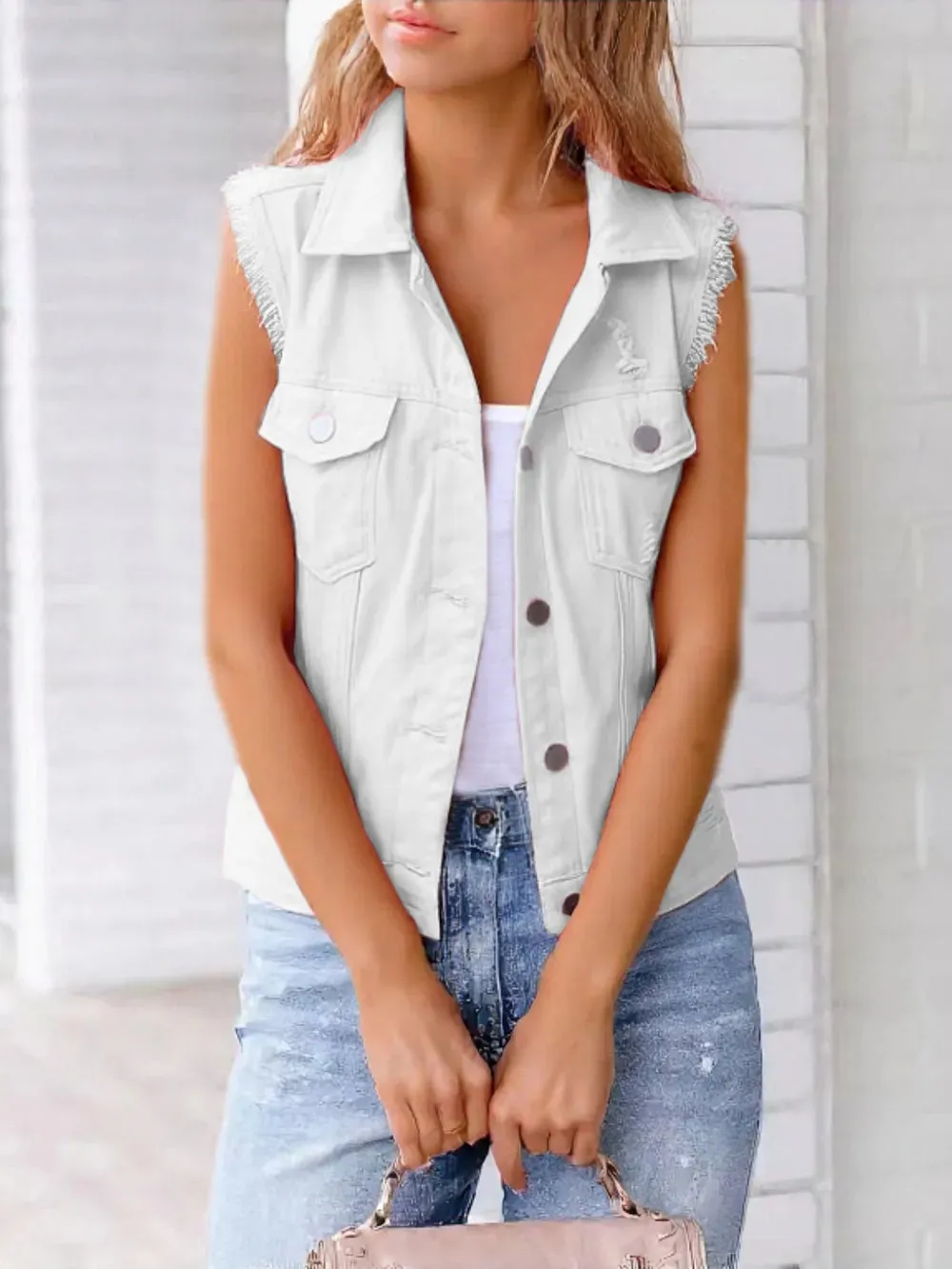 Full Size Button Down Raw Hem Sleeveless Denim Jacket Plus Size