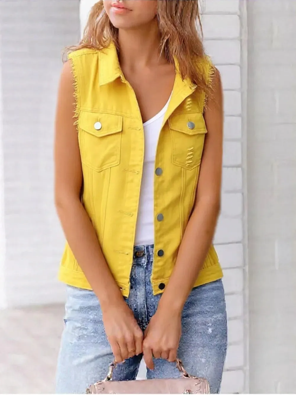 Full Size Button Down Raw Hem Sleeveless Denim Jacket Plus Size