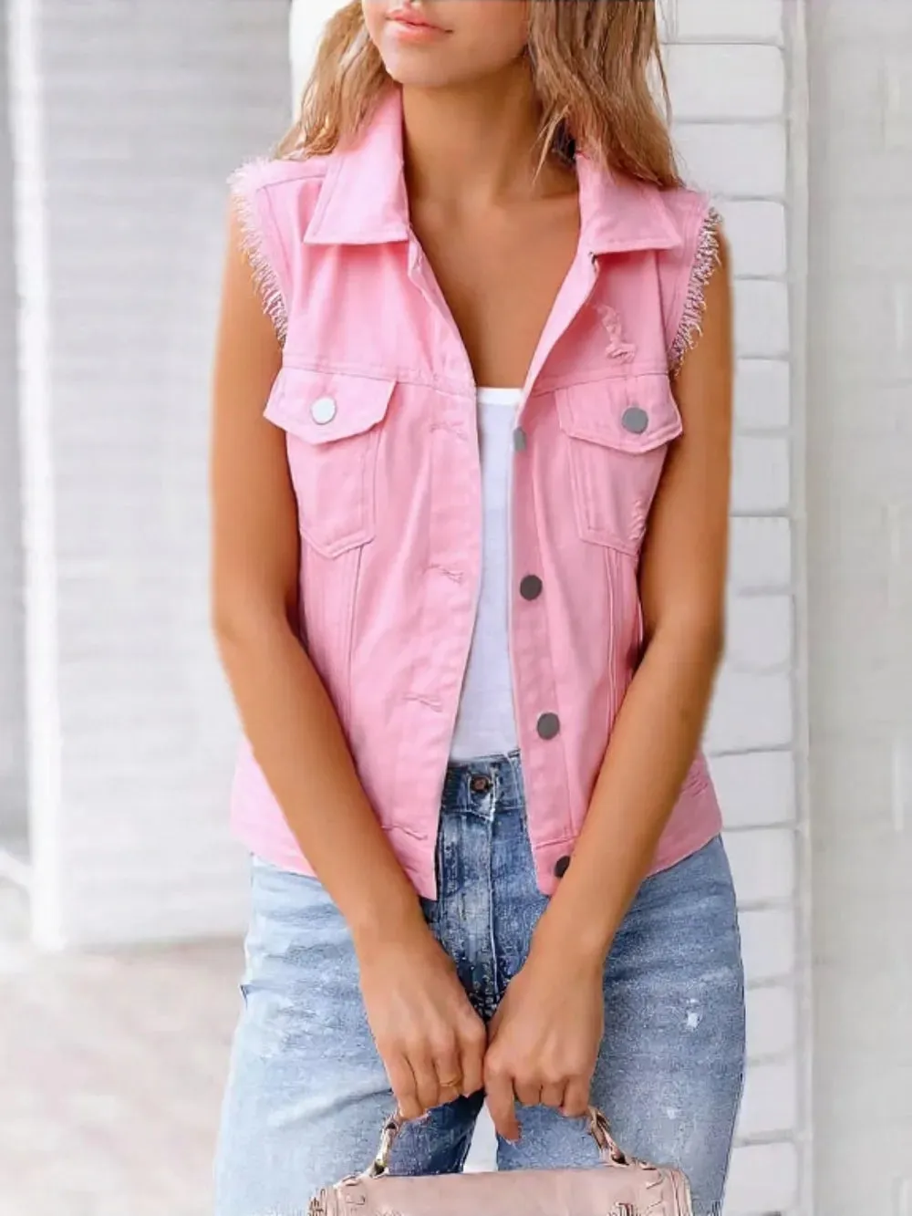 Full Size Button Down Raw Hem Sleeveless Denim Jacket Plus Size
