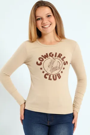 Girls Long Sleeve Regular Fit Tee - Stone