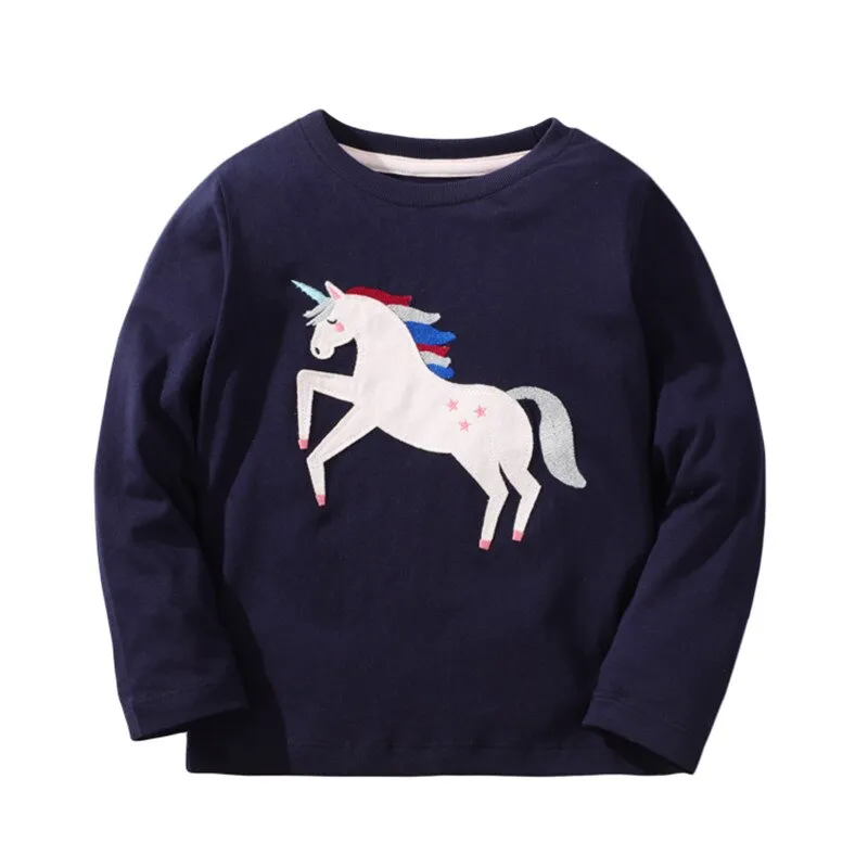 Girls Unicorn Embroidered Long Sleeve Cotton T-shirts - Pink, Navy