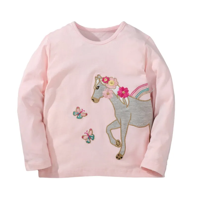 Girls Unicorn Embroidered Long Sleeve Cotton T-shirts - Pink, Navy