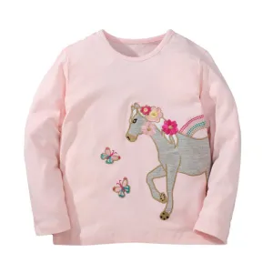Girls Unicorn Embroidered Long Sleeve Cotton T-shirts - Pink, Navy