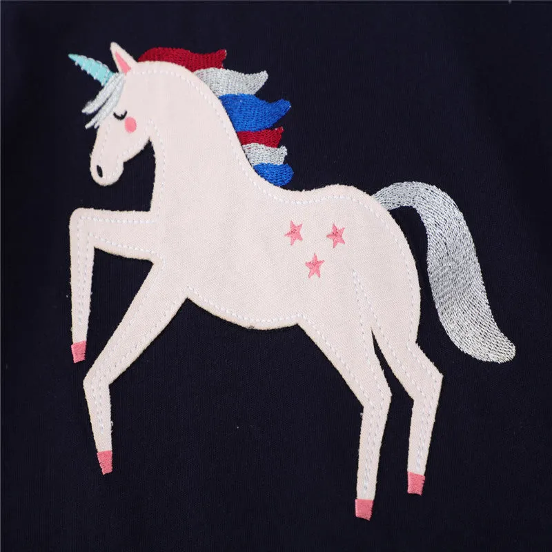 Girls Unicorn Embroidered Long Sleeve Cotton T-shirts - Pink, Navy