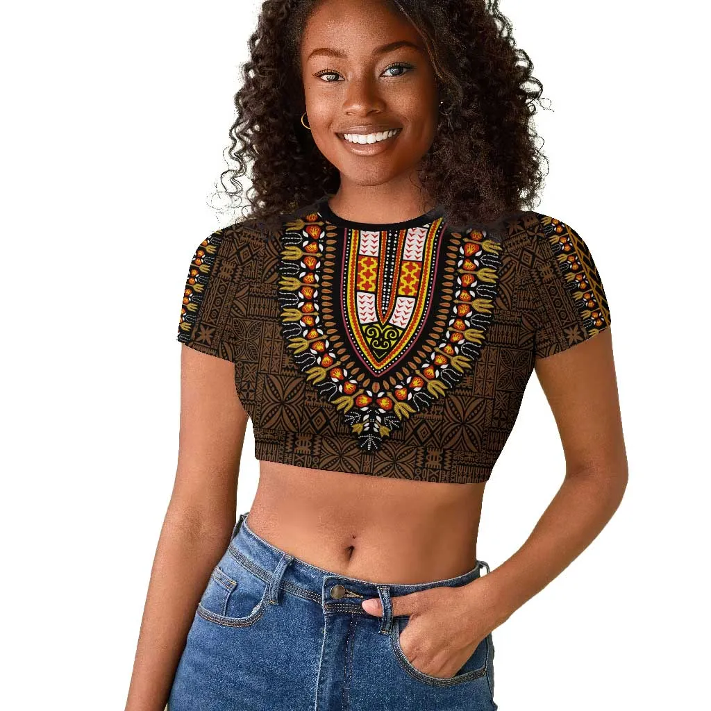 Gold Dashiki and Tapa Pattern Raglan Cropped T shirt Africa-Polynesia Together Culture LT9