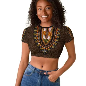 Gold Dashiki and Tapa Pattern Raglan Cropped T shirt Africa-Polynesia Together Culture LT9