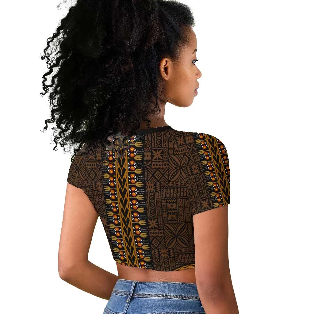 Gold Dashiki and Tapa Pattern Raglan Cropped T shirt Africa-Polynesia Together Culture LT9