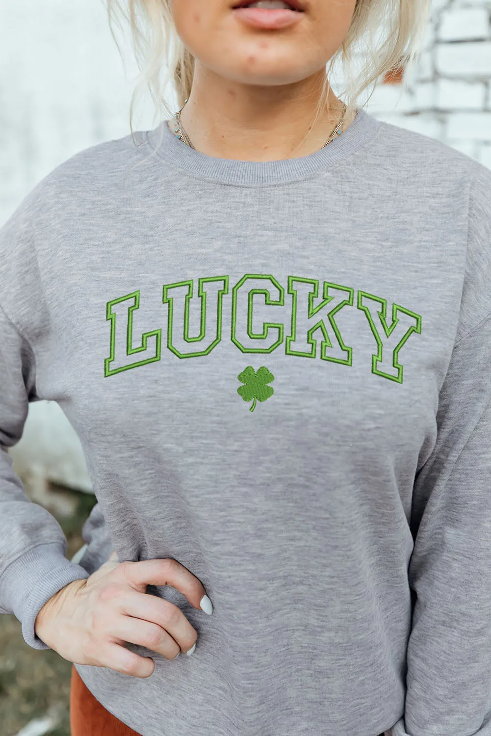 Gray LUCKY Clover Embroidered Pullover Sweatshirt