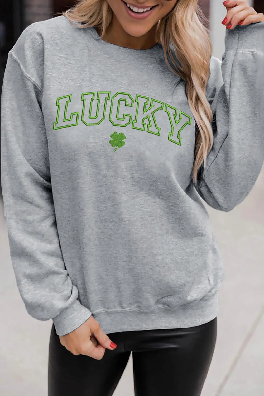 Gray LUCKY Clover Embroidered Pullover Sweatshirt