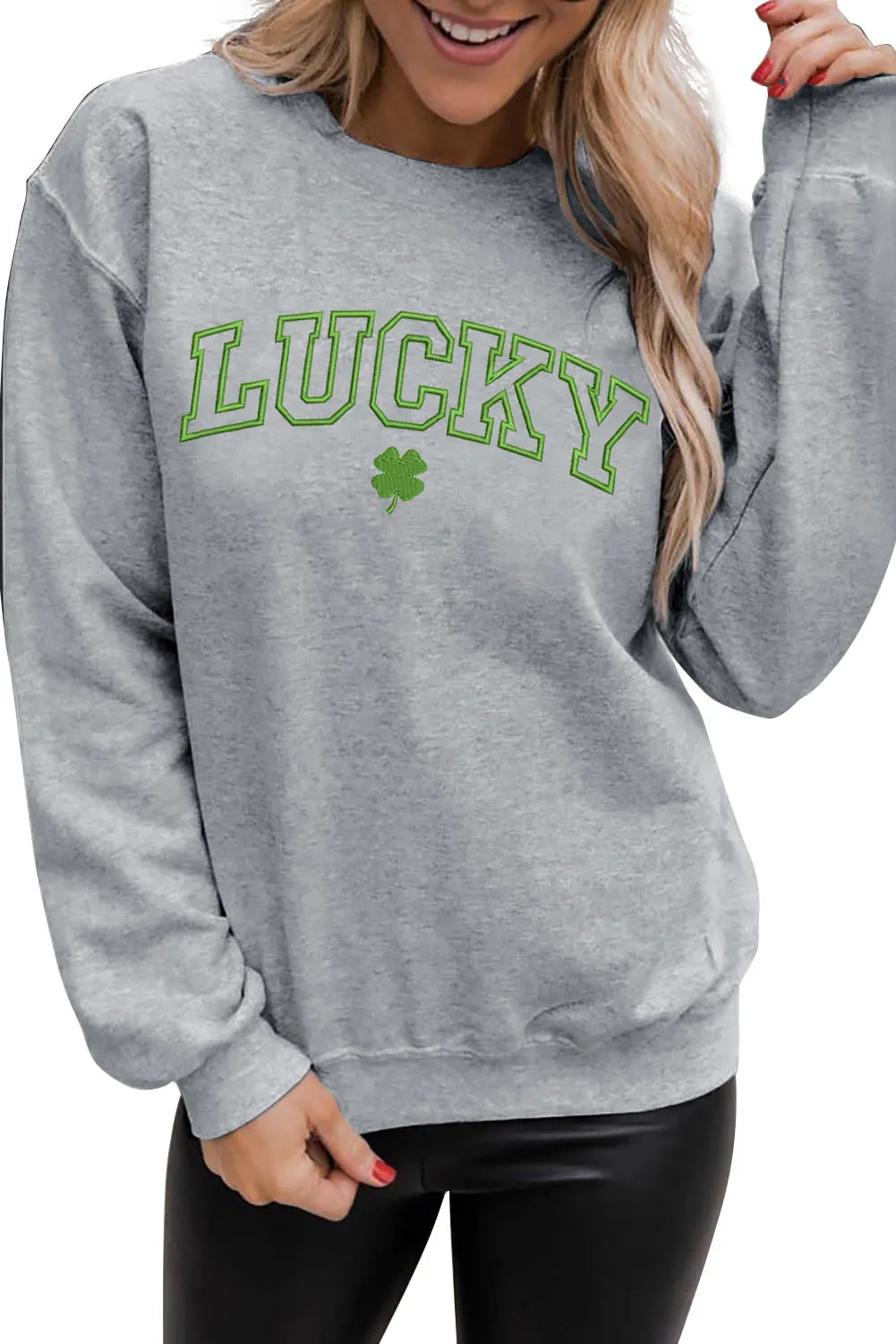 Gray LUCKY Clover Embroidered Pullover Sweatshirt