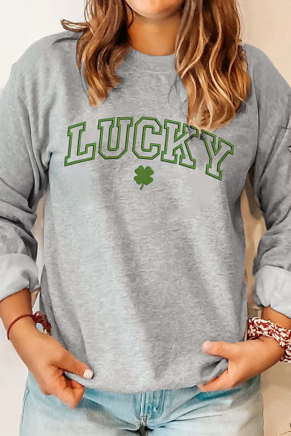 Gray LUCKY Clover Embroidered Pullover Sweatshirt