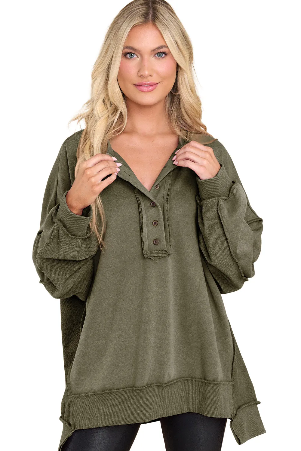 Green Exposed Seam Terry Patchwork Henley Sweatshirt