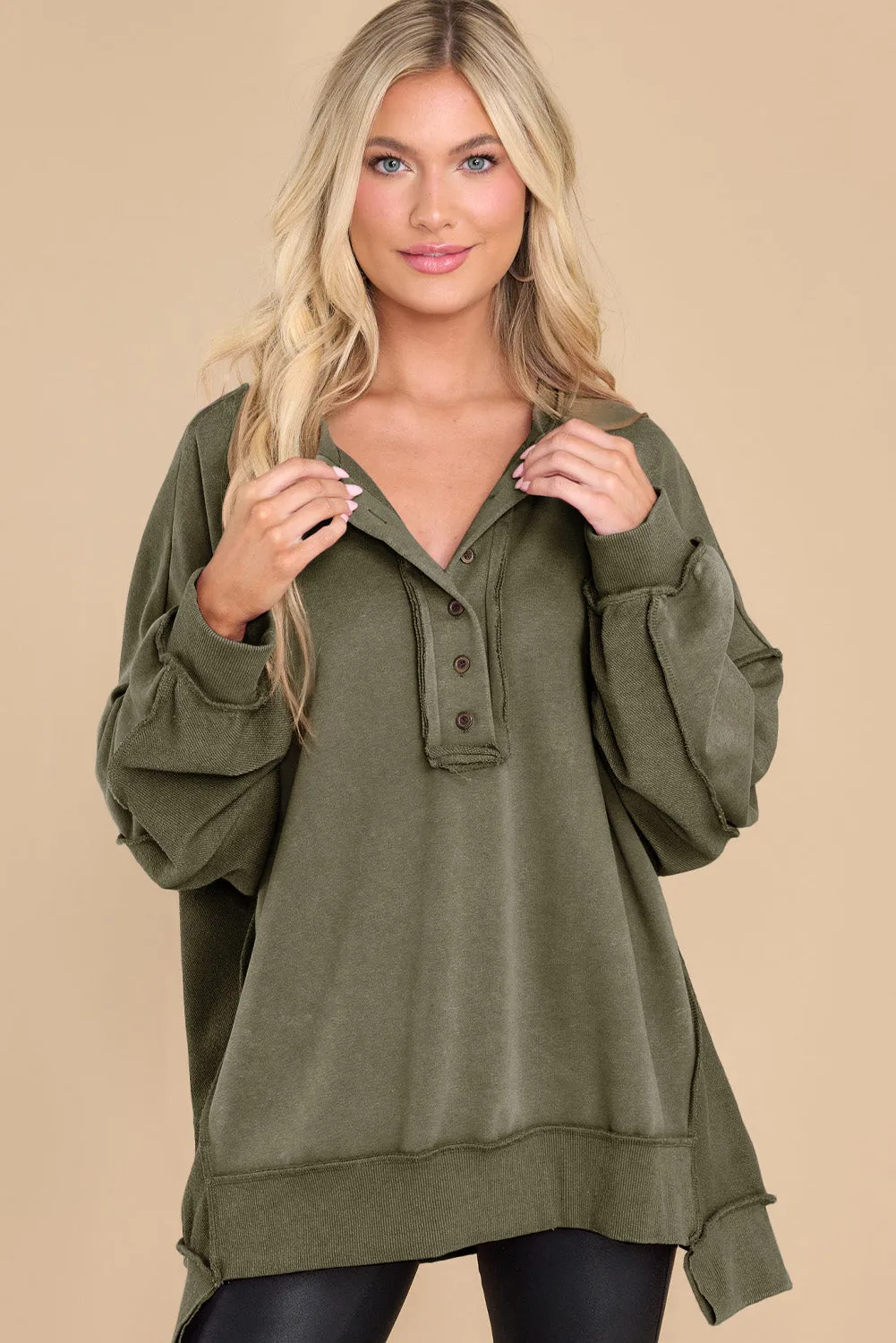 Green Exposed Seam Terry Patchwork Henley Sweatshirt