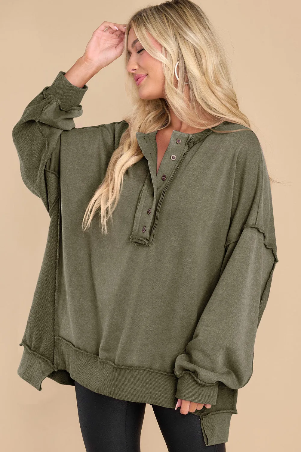Green Exposed Seam Terry Patchwork Henley Sweatshirt