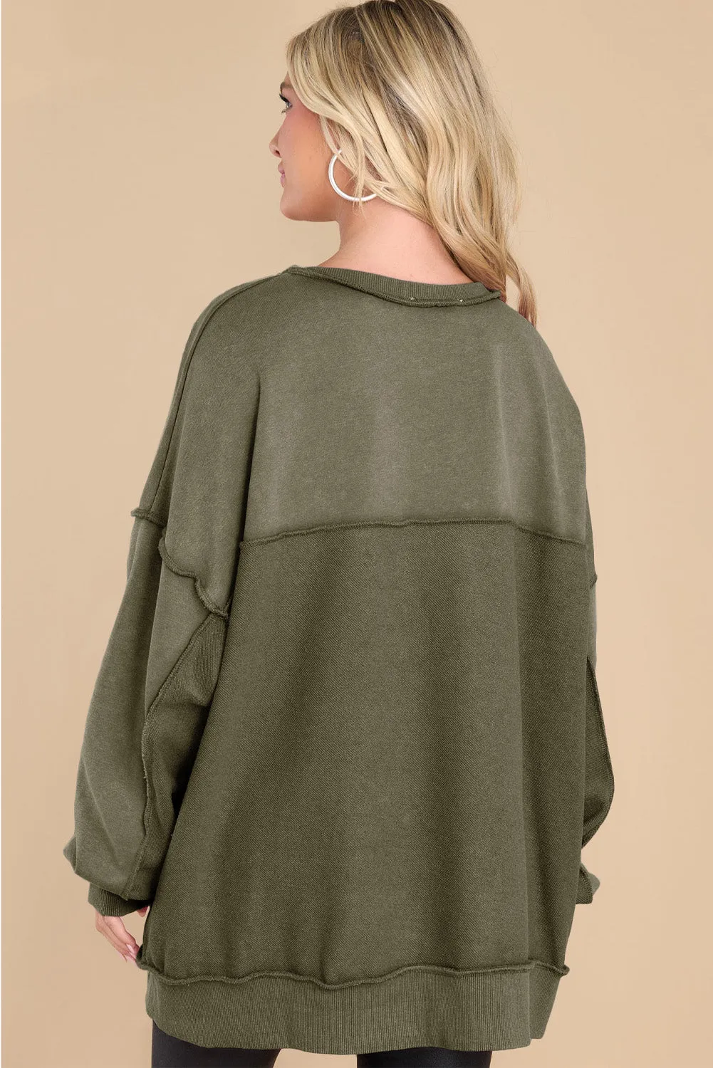 Green Exposed Seam Terry Patchwork Henley Sweatshirt