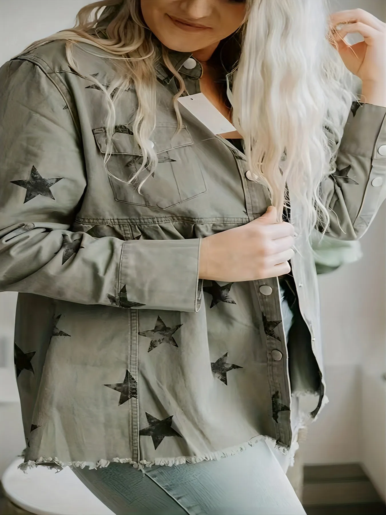 Green Star Print Chic Denim Jackets, Long Sleeves Raw Hem Flap Pockets Lapel Denim Coats, Women's Denim Clothing