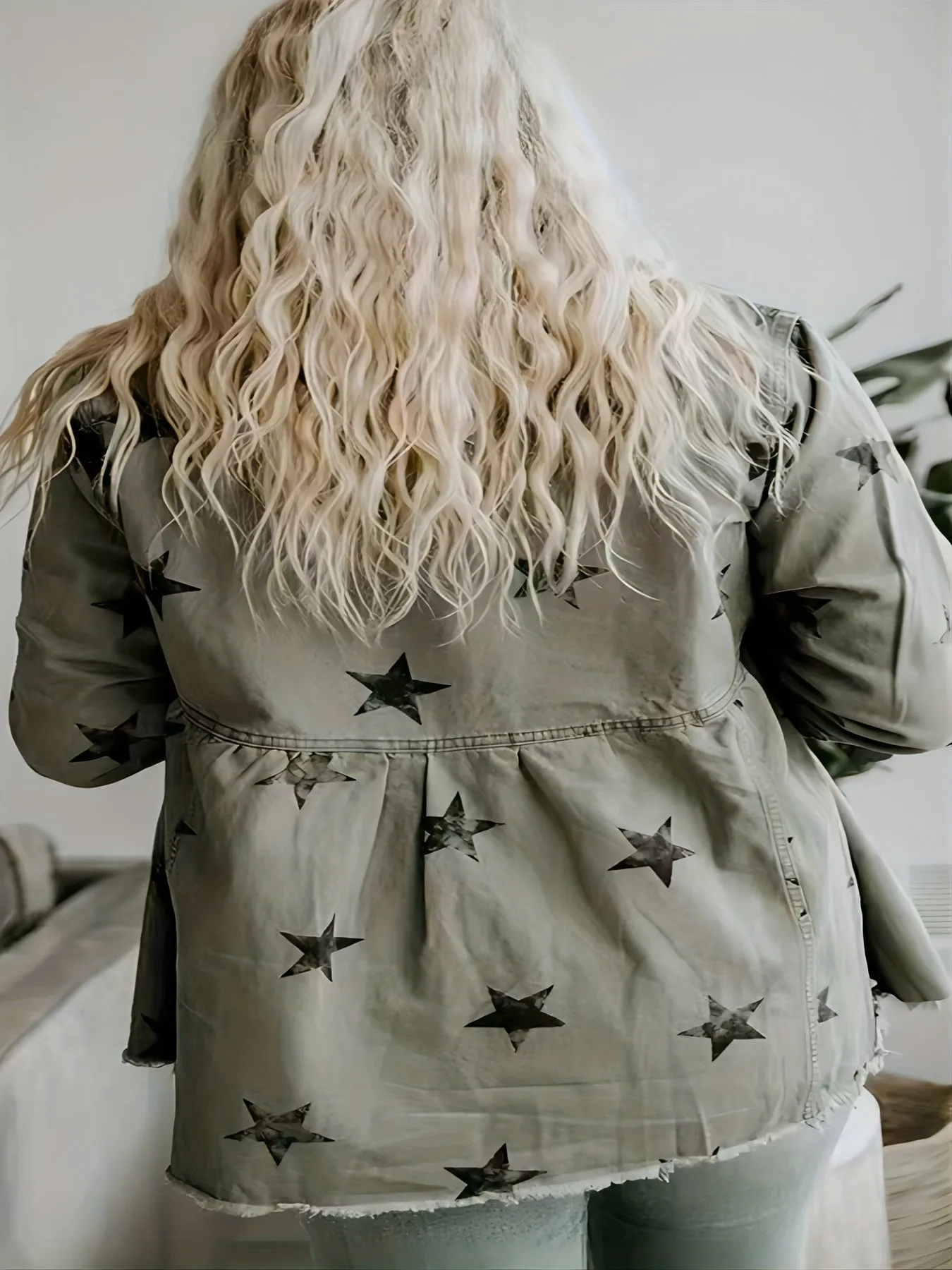 Green Star Print Chic Denim Jackets, Long Sleeves Raw Hem Flap Pockets Lapel Denim Coats, Women's Denim Clothing