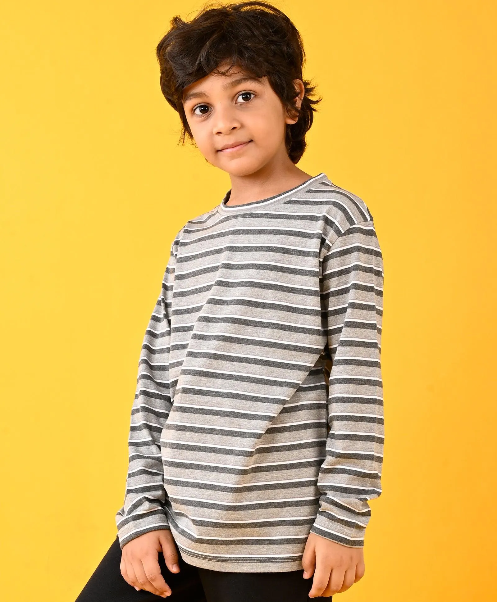 GREY WHITE STRIPED LONG SLEEVES T-SHIRT - GREY