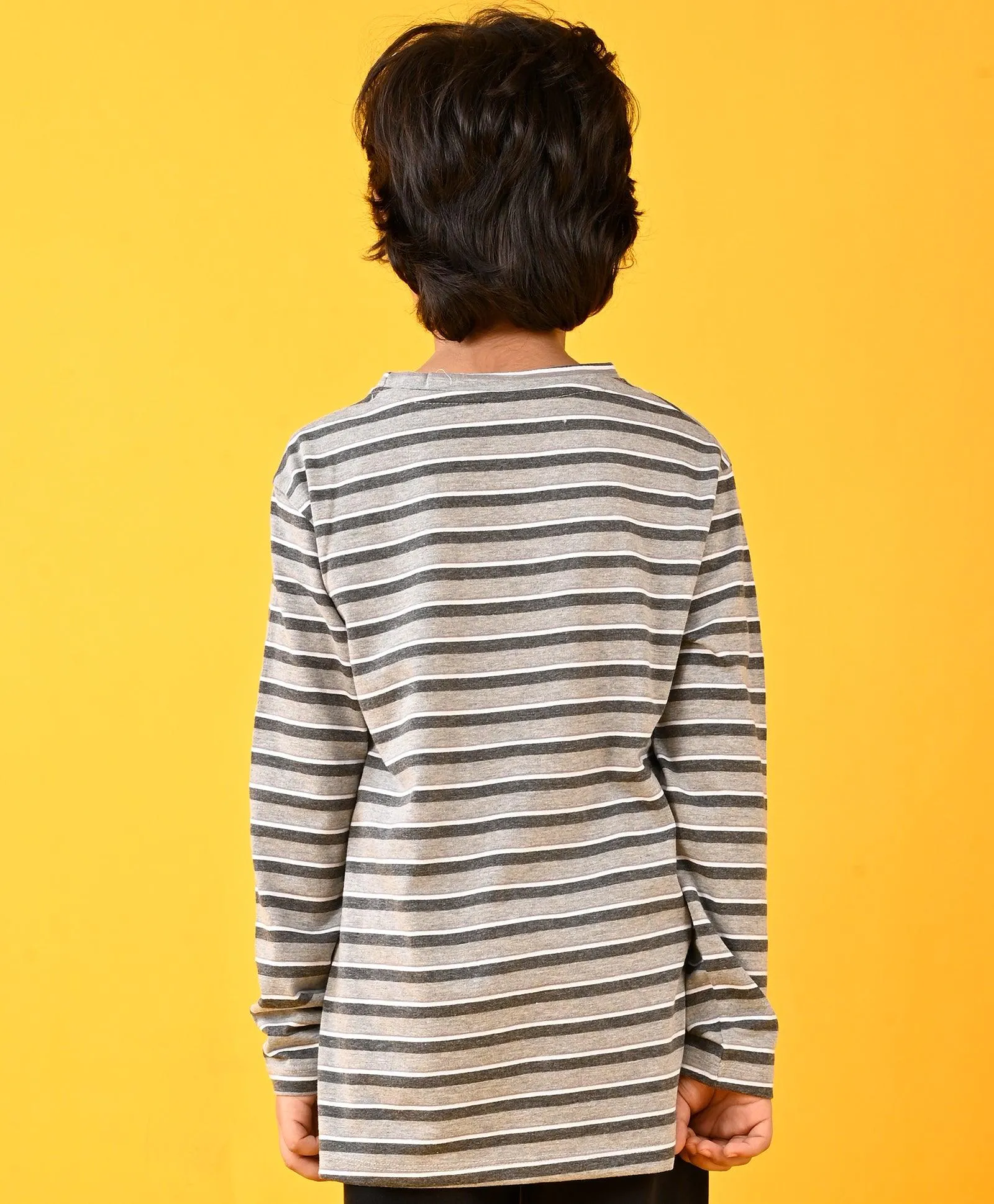 GREY WHITE STRIPED LONG SLEEVES T-SHIRT - GREY