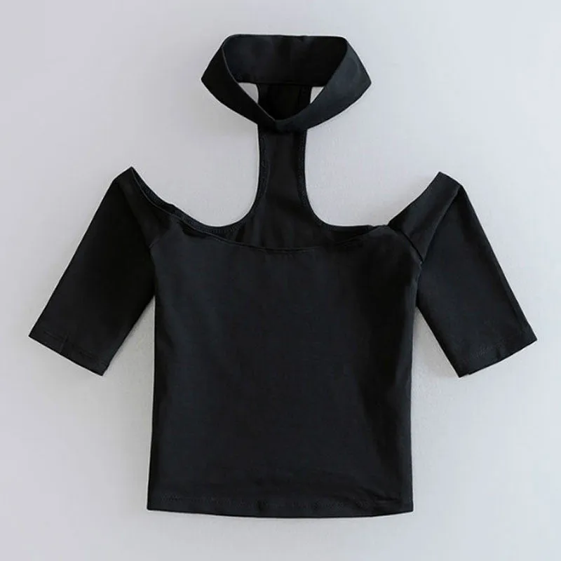 Harajuku Cropped For Women Short Sleeve FemaleTops Cropped Casual Halter T Shirt Women Crop Top