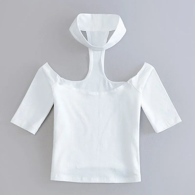 Harajuku Cropped For Women Short Sleeve FemaleTops Cropped Casual Halter T Shirt Women Crop Top