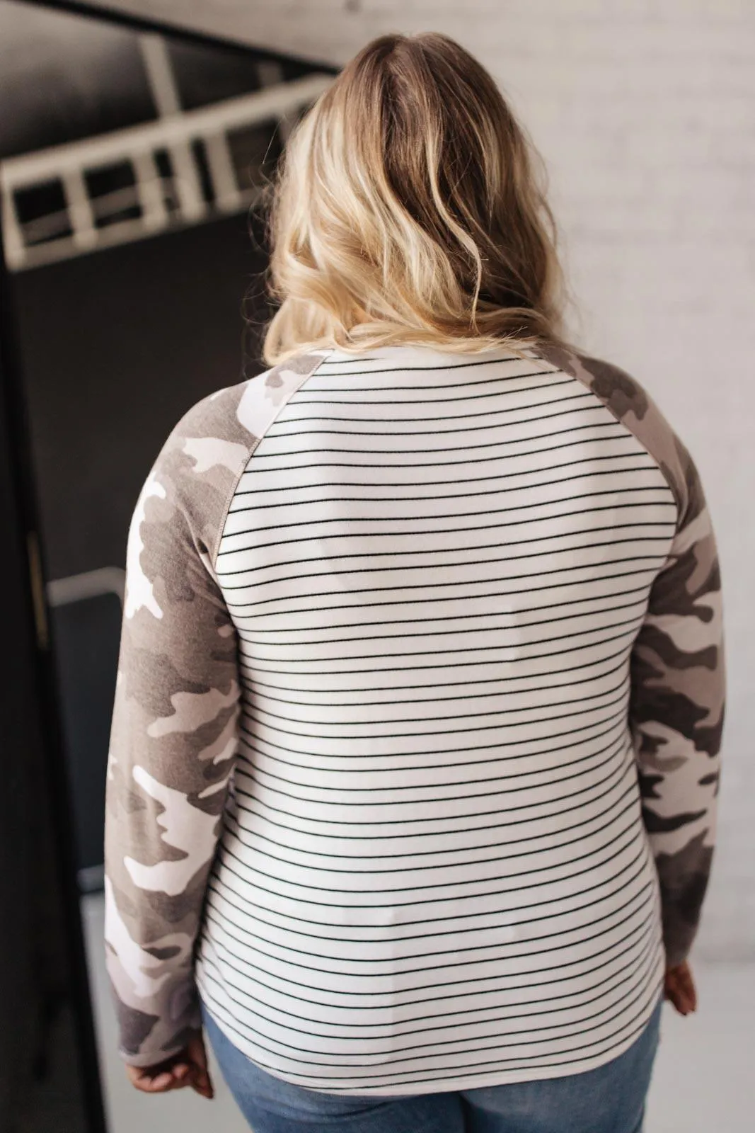 Hazel Blues® | Camo & Stripes Raglan Top