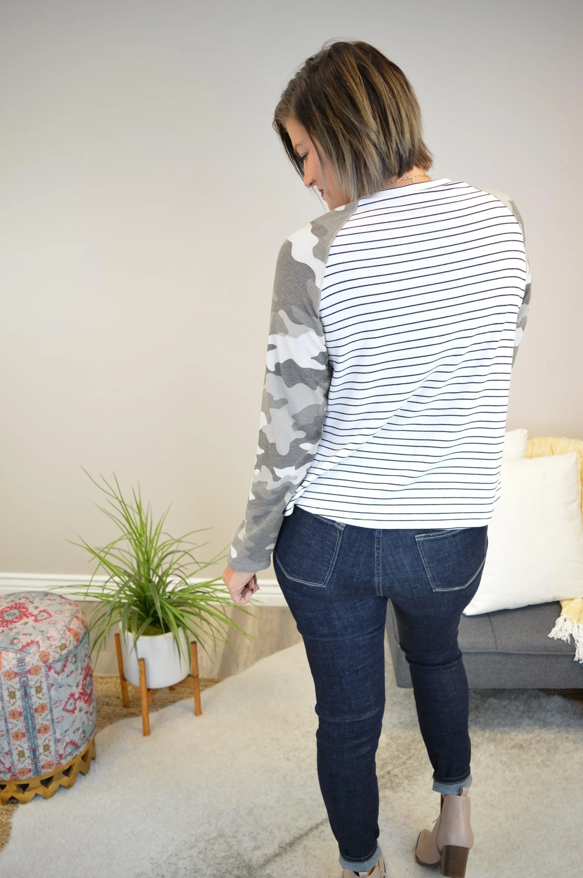 Hazel Blues® | Camo & Stripes Raglan Top