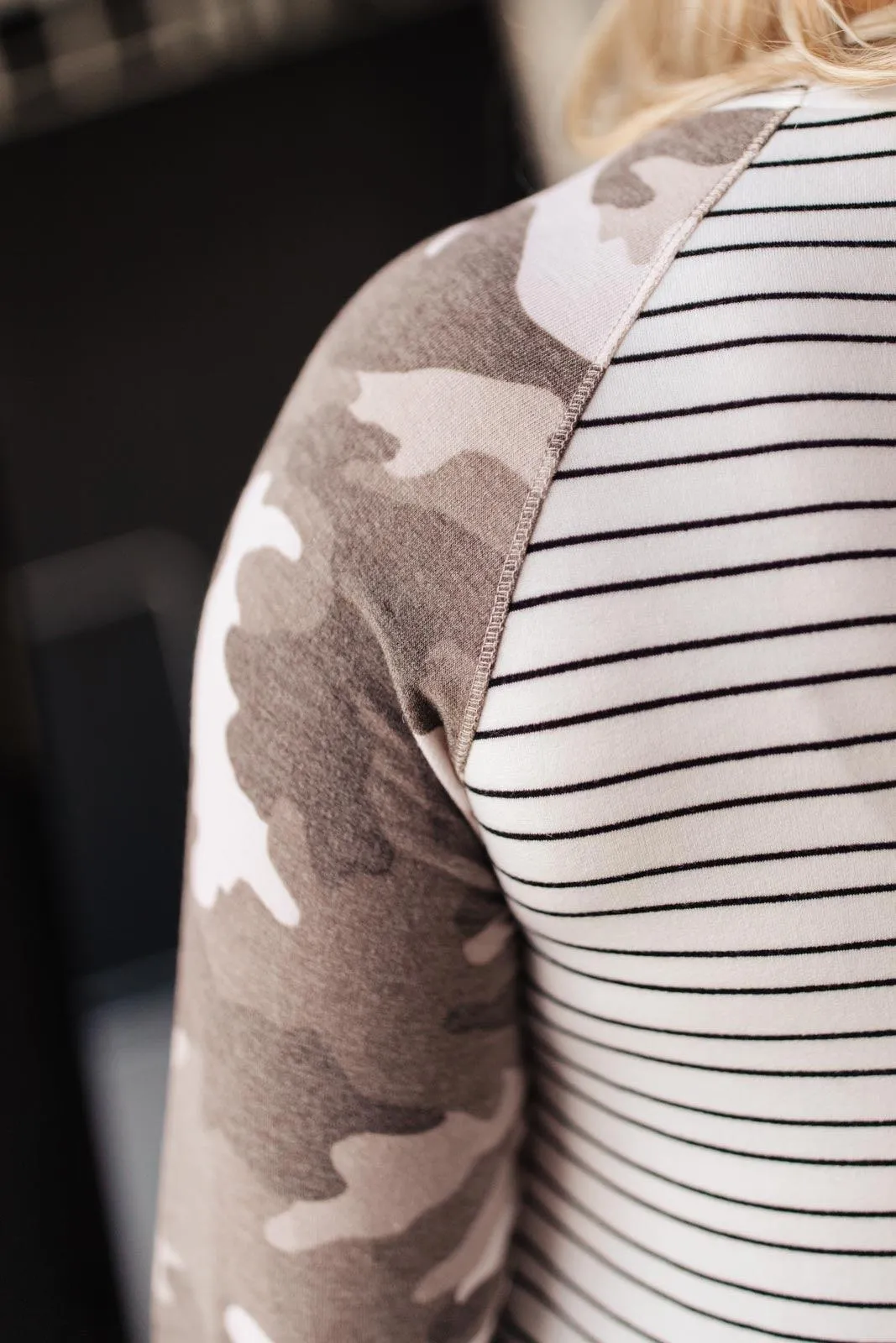 Hazel Blues® | Camo & Stripes Raglan Top