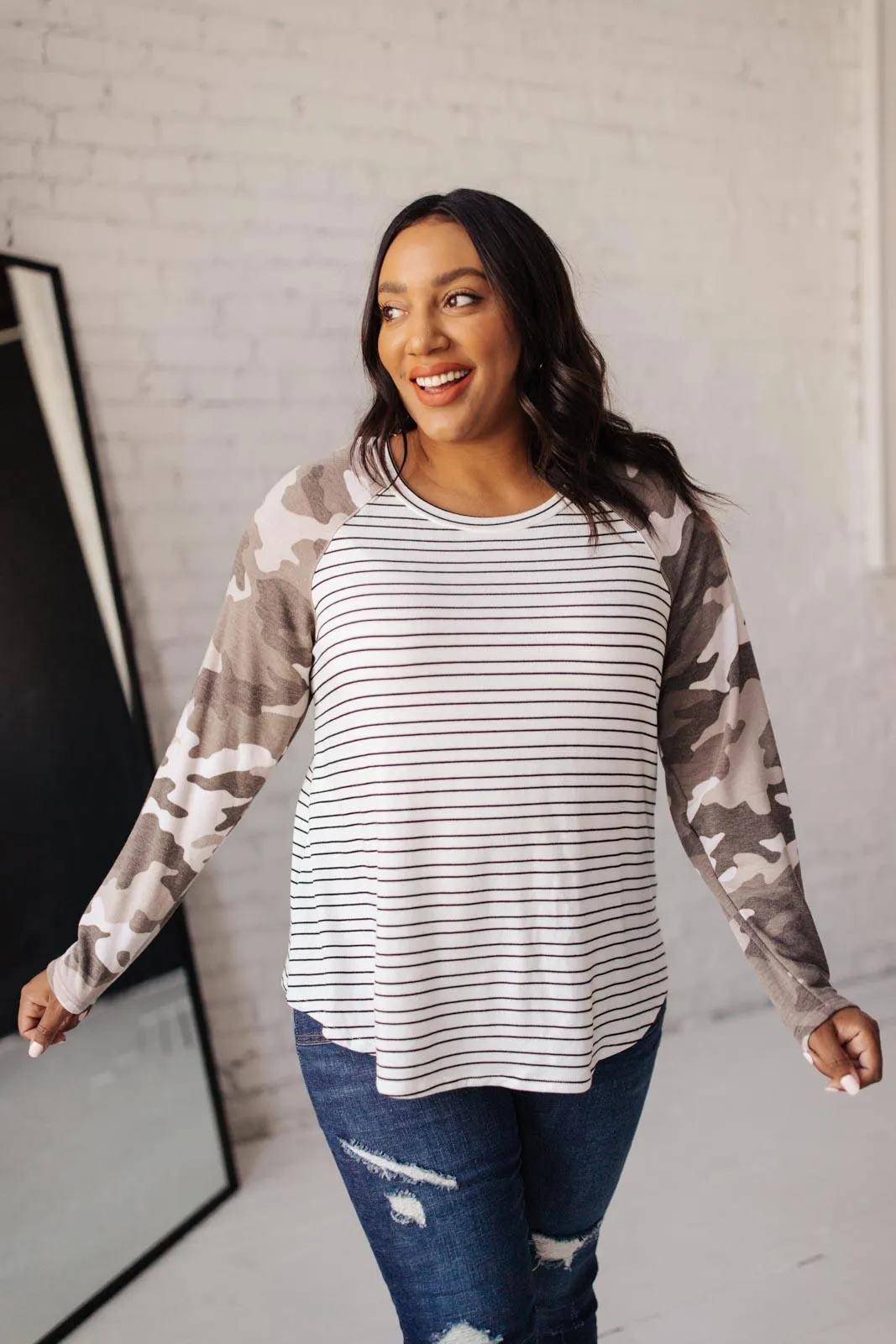 Hazel Blues® | Camo & Stripes Raglan Top
